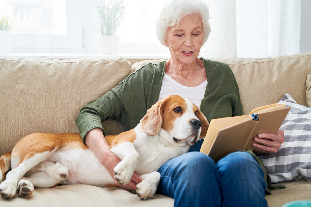 Senior Woman with Dog Reading on Couch_Lakeshore Senior Living