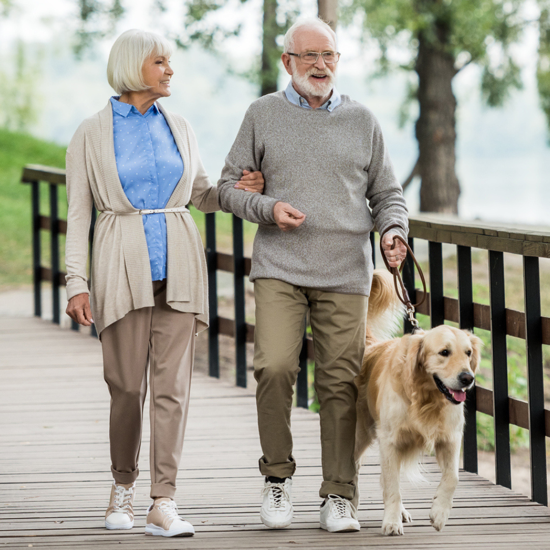 An elderly couple walks their dog along the shoreline in Guntersville, taking advantage of the assisted living amenities available at Lakeshore.