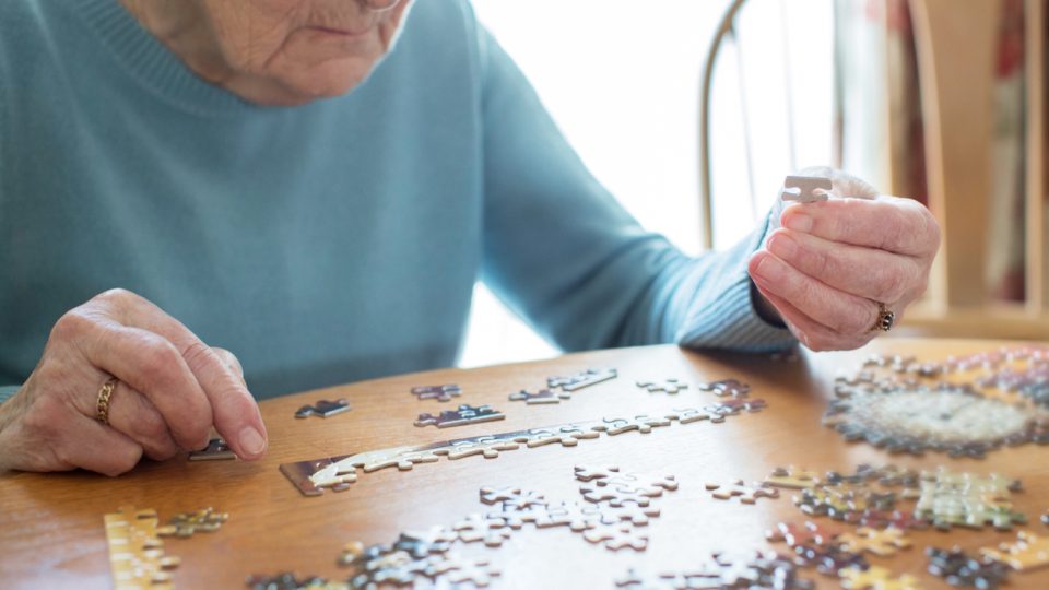An elderly woman relaxes with a jigsaw puzzle at home in an effort to encourage mental stimulation.